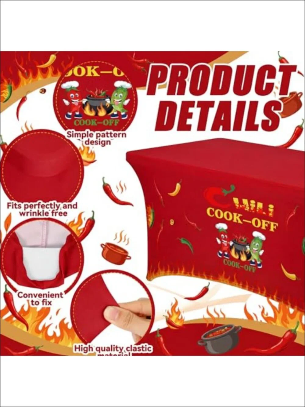 Chili Cook Off Spandex Tablecloth 6ft Elastic Edged Party Decor